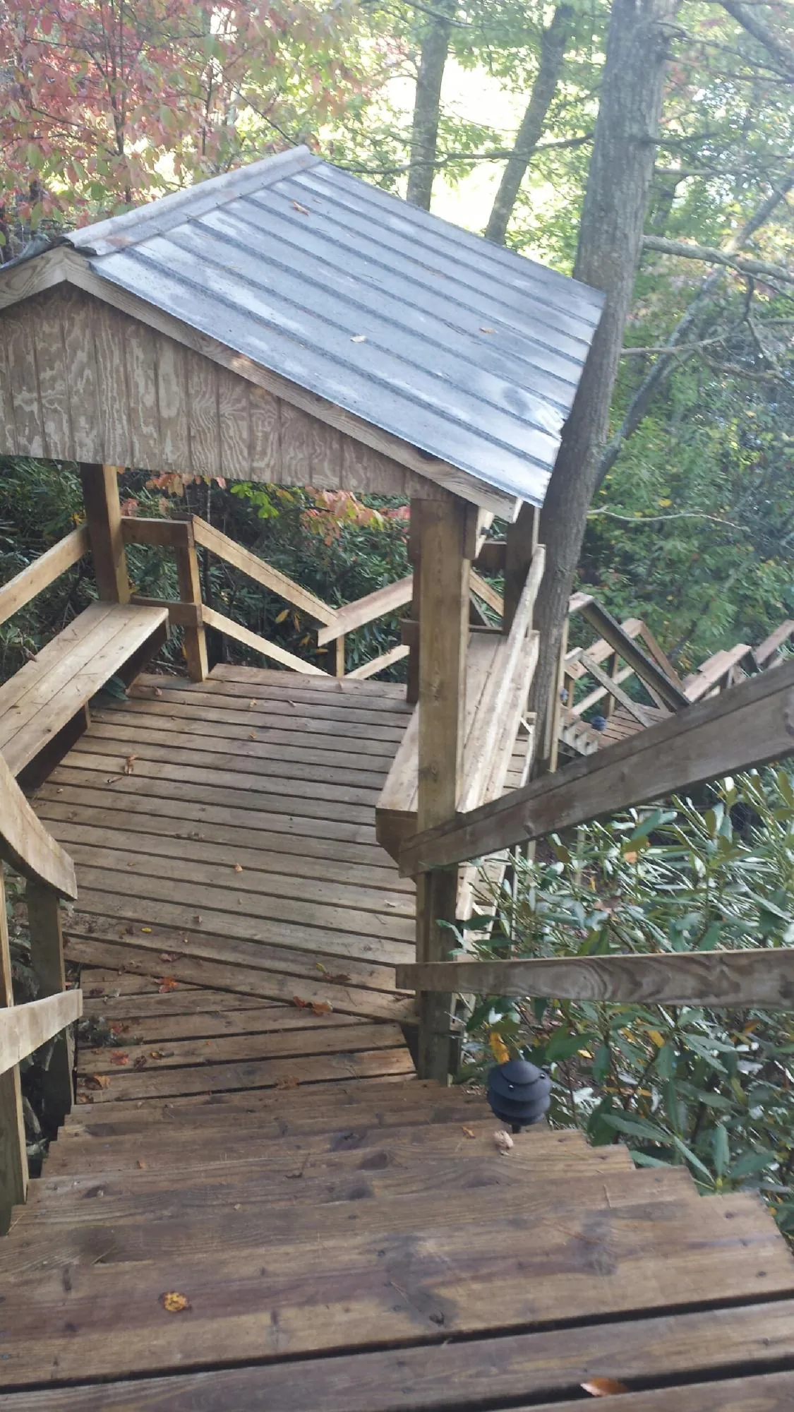 Metal roofed shelter over wooden steps on a wooded walkway — Skylight Repair & Installation work by our crew in Thomasville